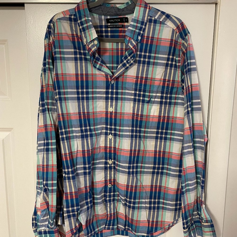 Nautica Classic Fit Button-Down Plaid Shirt- Bright White
